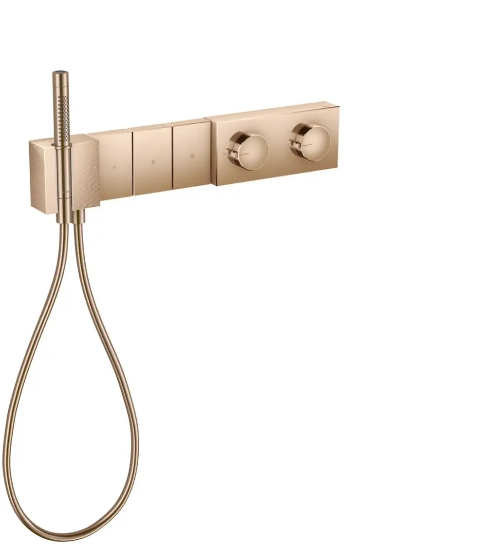 Thermostatmodul von AXOR in Polished Red Gold, geeignet für die Unterputzinstallation, mit zwei runden Bedienelementen und einem Handbrauseanschluss.